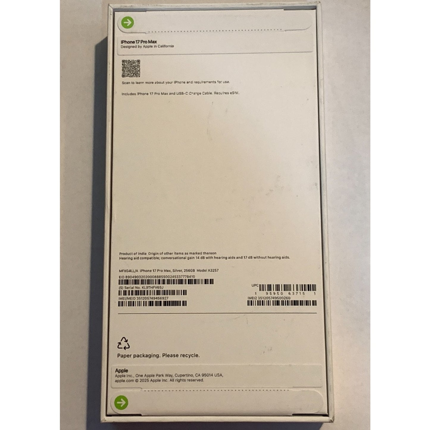 Brand New Apple iPhone 17 Pro Max - 256 GB - Silver - Unlocked - Model A3257