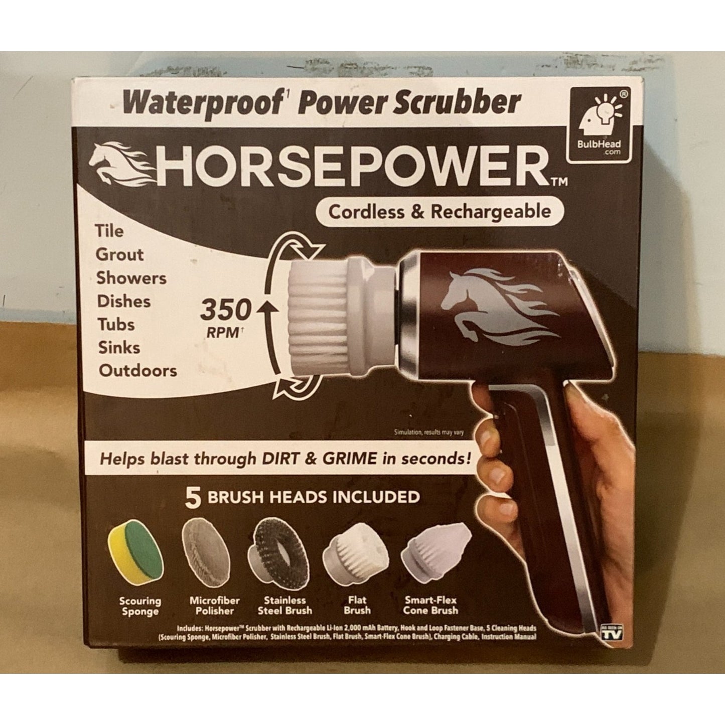 Horsepower Handheld Cordless Rechargeable Spinning Waterproof Power Scrubber NEW