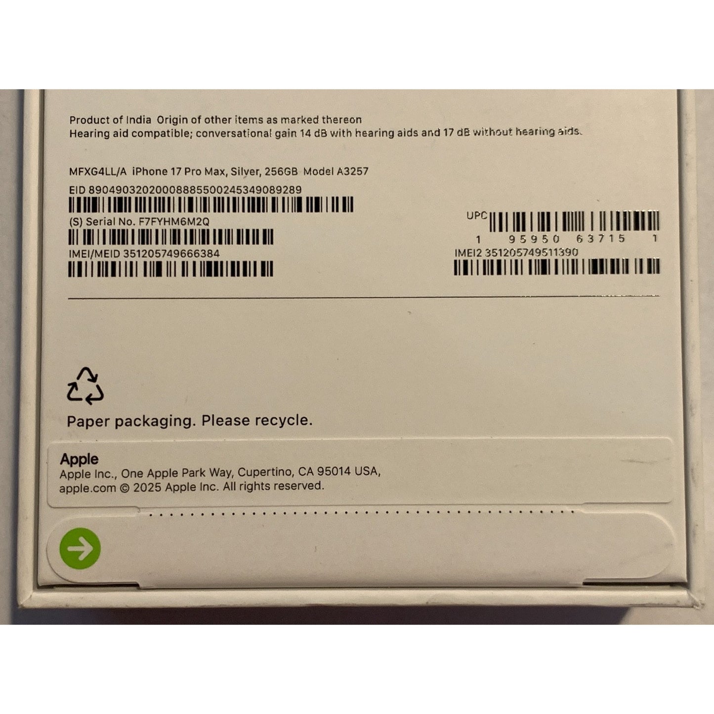 Brand New Apple iPhone 17 Pro Max - 256 GB - Silver - Unlocked - Model A3257