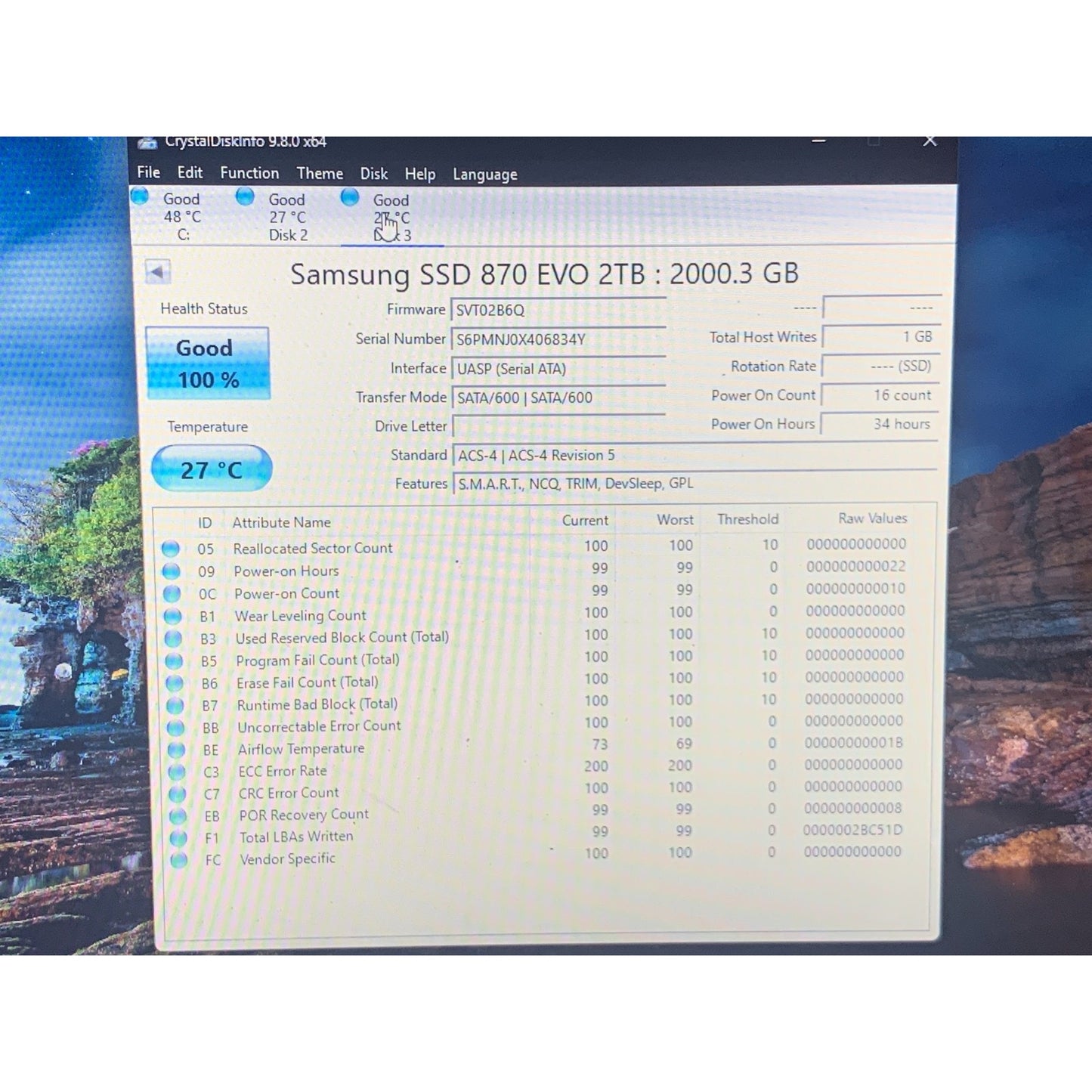 Samsung 870 EVO 2TB 2.5" SATA III Internal SSD MZ-77E2T0 99-100% Health