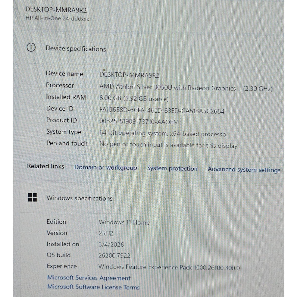 HP 24-DD0010 All-in-One / 24" / Athlon 3050U 2.3GHz /256SSD / 8GB RAM / W11H