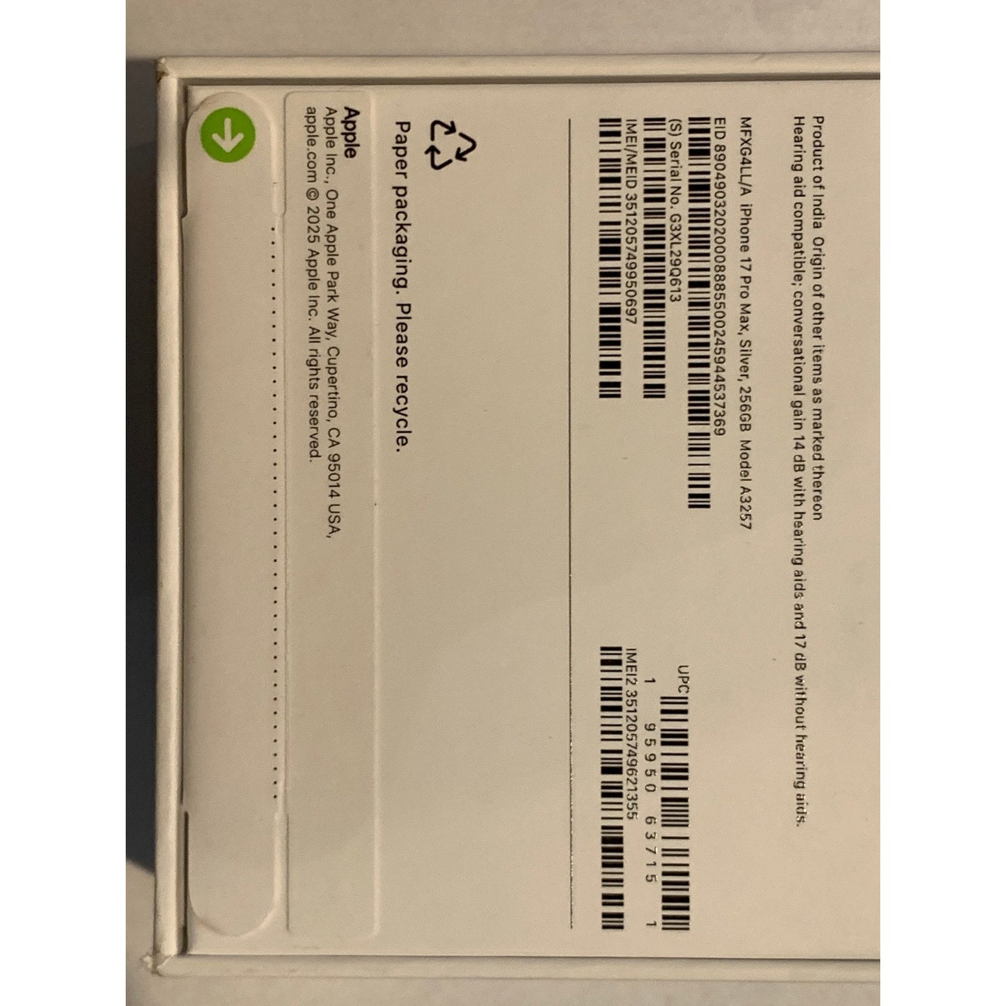 Brand New Apple iPhone 17 Pro Max - 256 GB - Silver - Unlocked - Model A3257