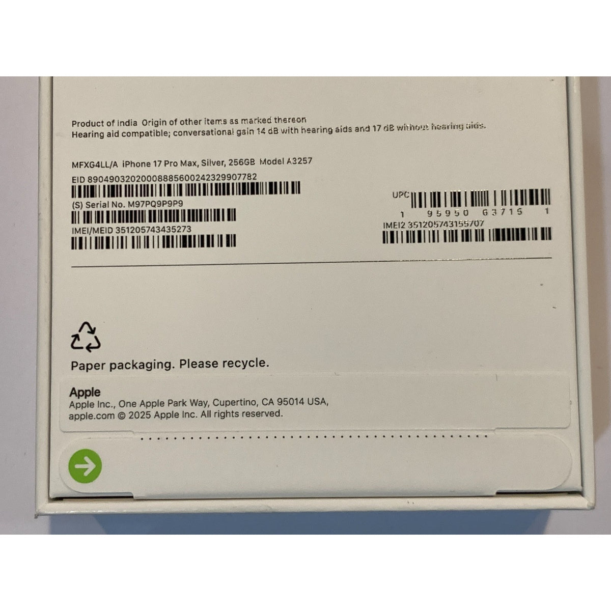 Brand New Apple iPhone 17 Pro Max - 256 GB - Silver - Unlocked - Model A3257