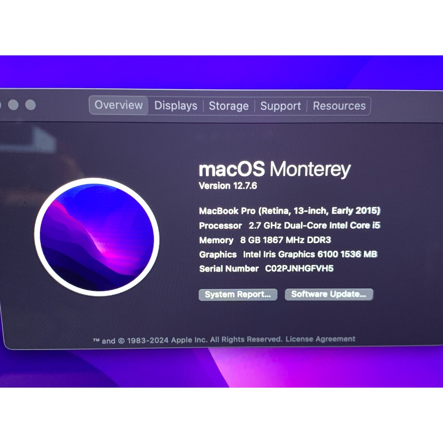 Apple MacBook Pro A1502 2015 Intel i5 2.9GHz 8GB Ram 128GB SSD Monterey