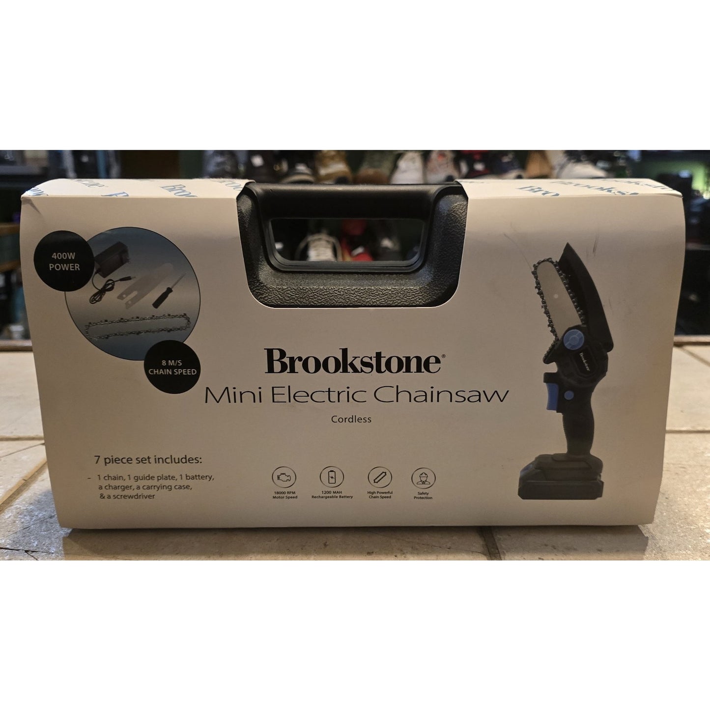 Brookstone Mini Electric Chainsaw 7-Piece Cordless Set for Trimming/Pruning