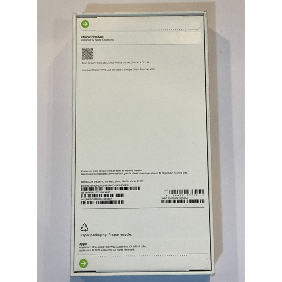 Brand New Apple iPhone 17 Pro Max - 256 GB - Silver - Unlocked - Model A3257