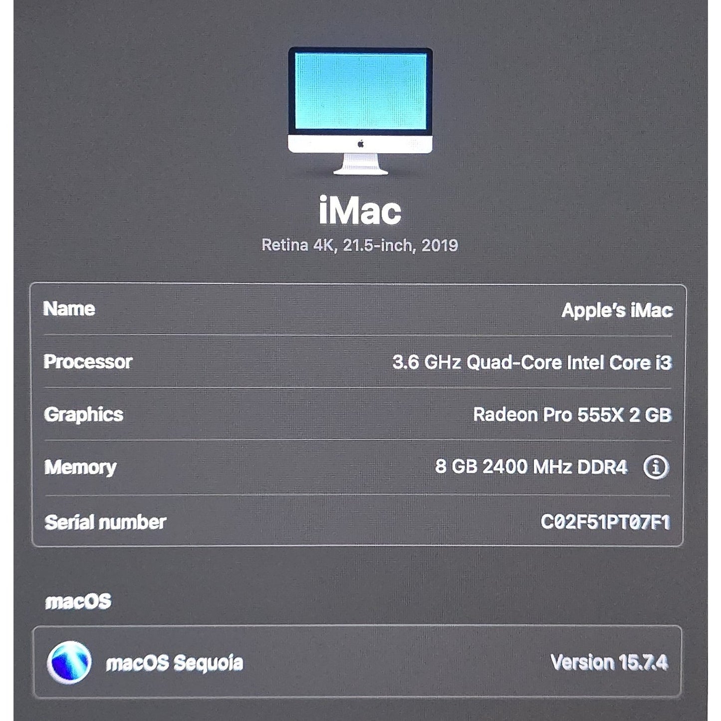 Apple iMac A2116 i3-8100 3.60GHz 8GB RAM 256GB SSD (Early 2019) Sequoia