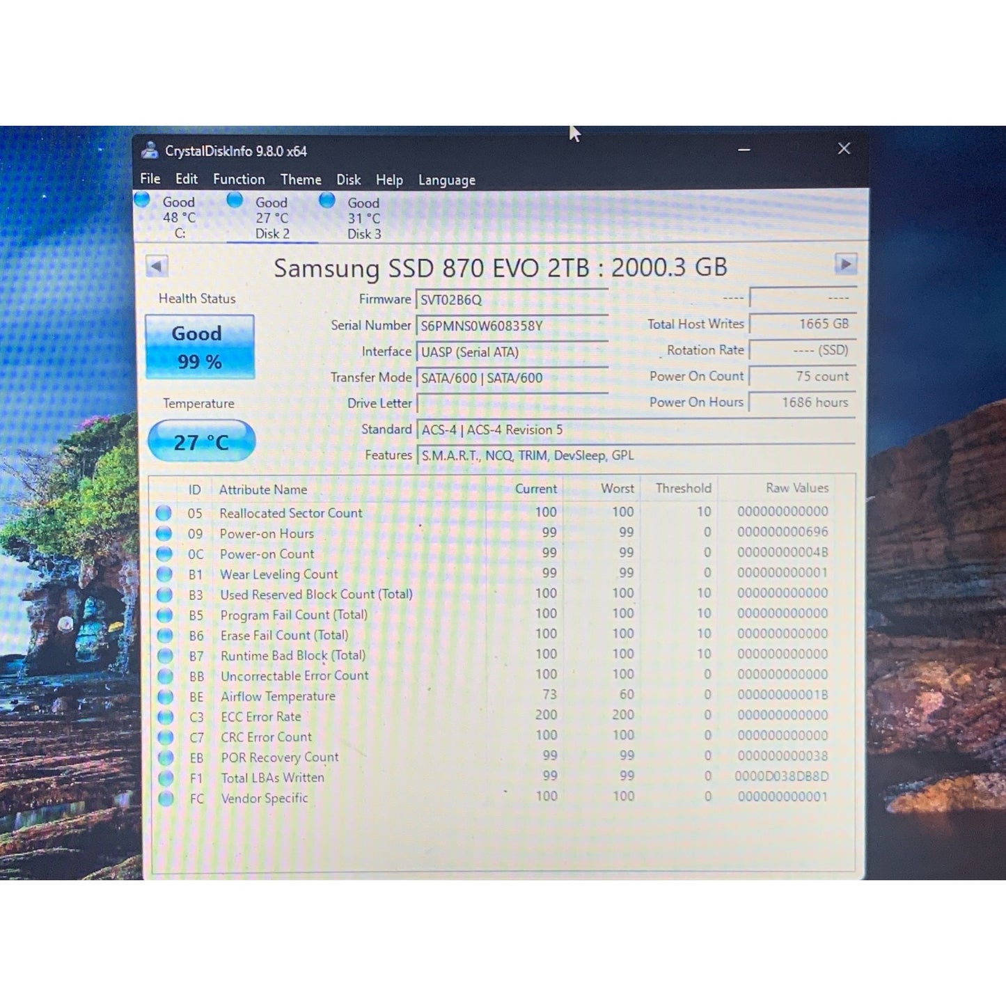 Samsung 870 EVO 2TB 2.5" SATA III Internal SSD MZ-77E2T0 99-100% Health