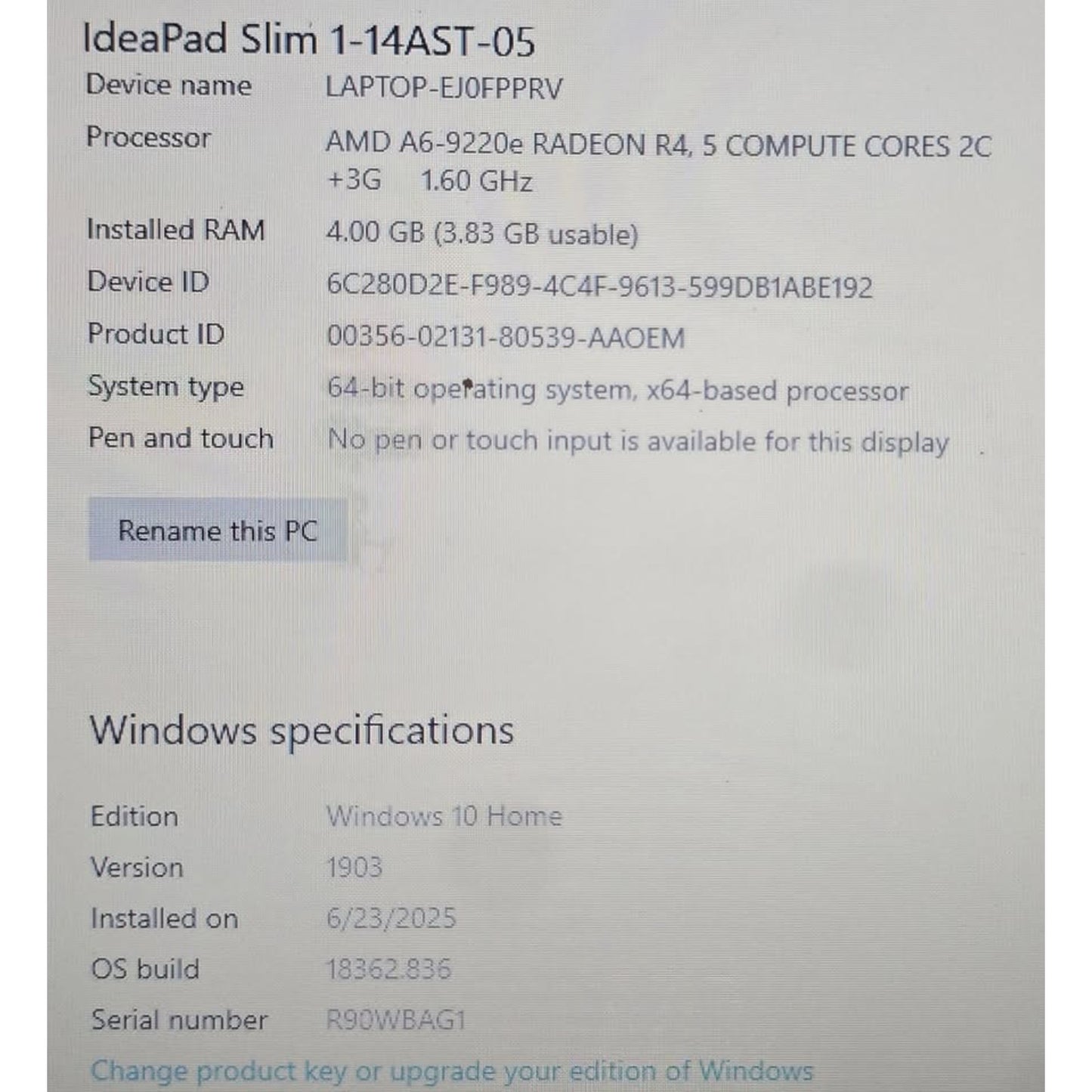 Lenovo Ideapad Slim 81VS / AMD A6-9220e / 64SD / 4Ram / Win10 / 14" Screen /