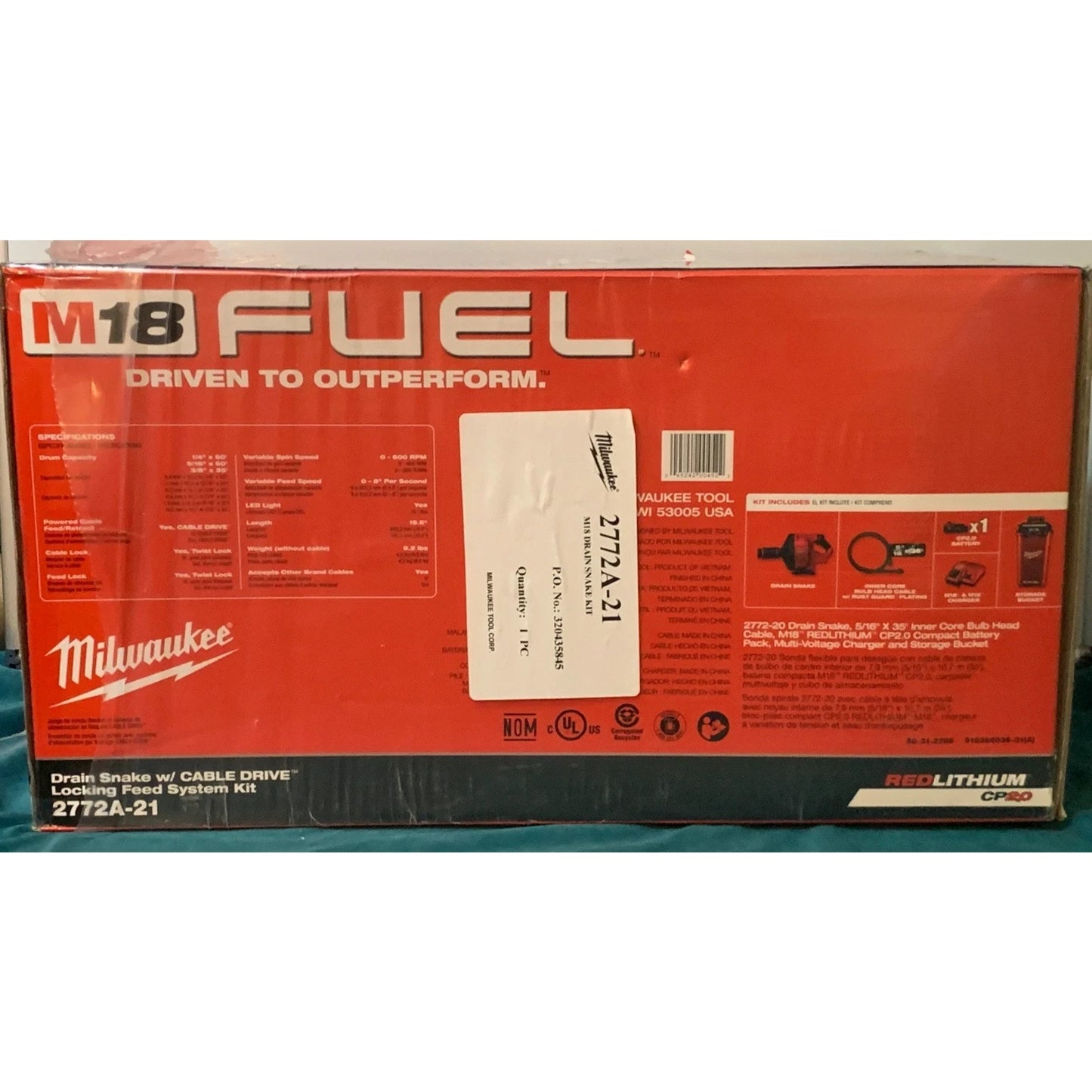 Milwaukee 2772A-21 M18 FUEL 18V 5/16-Inch x 35-Foot Cordless Drain Snake Kit