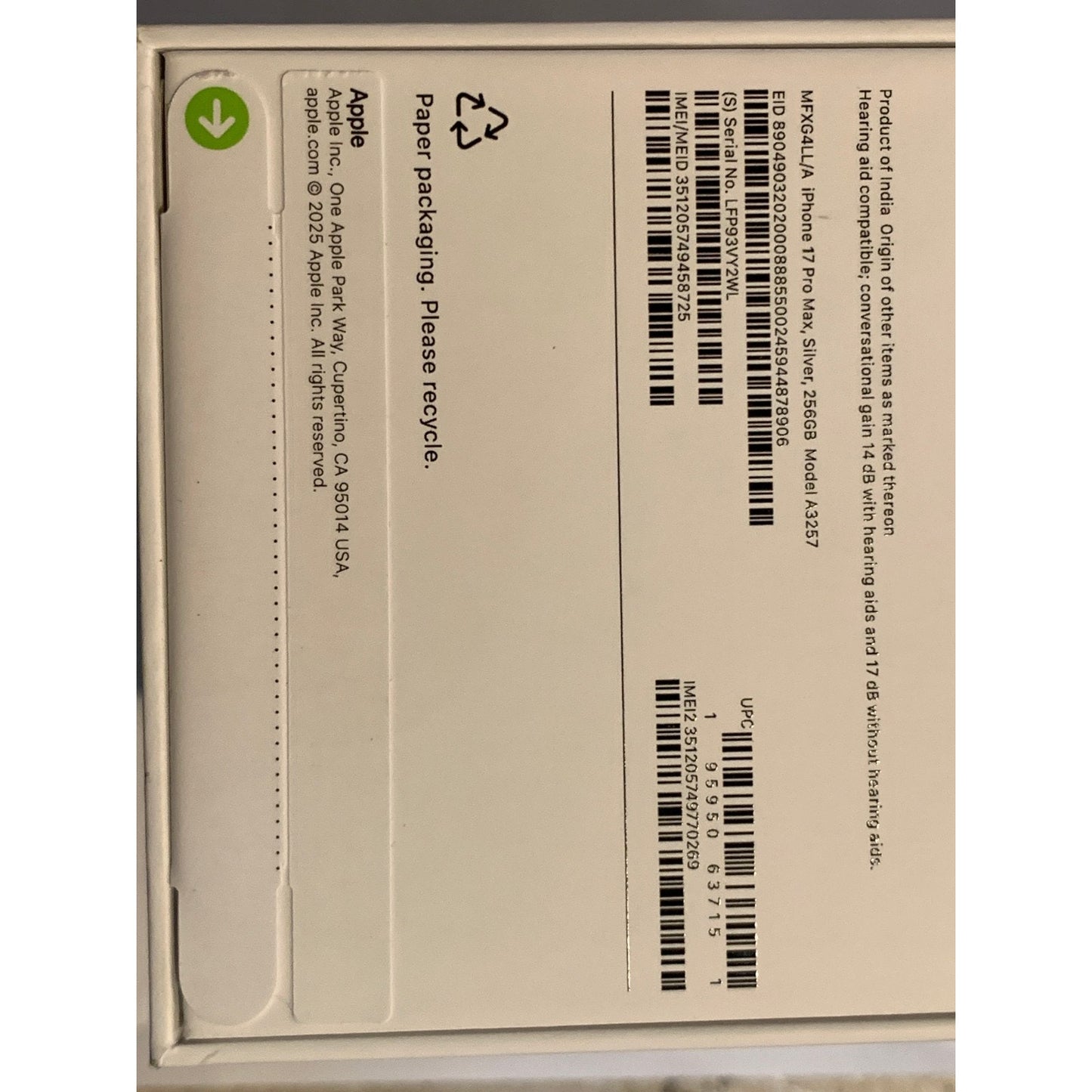 Brand New Apple iPhone 17 Pro Max - 256 GB - Silver - Unlocked - Model A3257