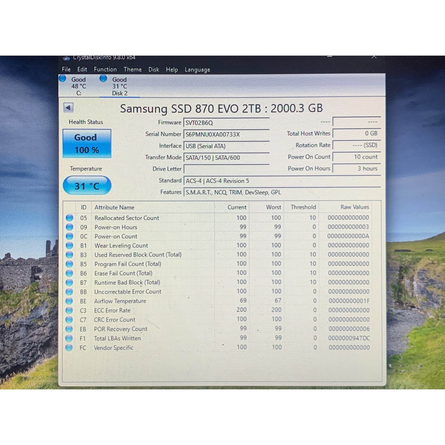 Samsung 870 EVO 2TB 2.5" SATA III Internal SSD MZ-77E2T0 99-100% Health