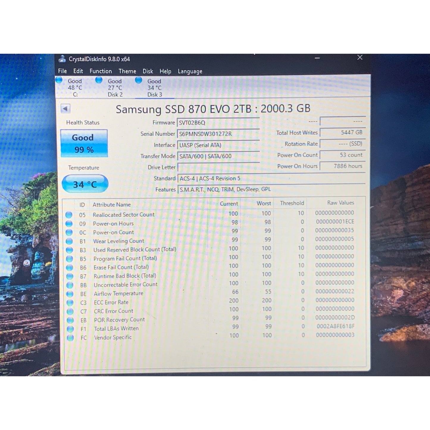 Samsung 870 EVO 2TB 2.5" SATA III Internal SSD MZ-77E2T0 99-100% Health