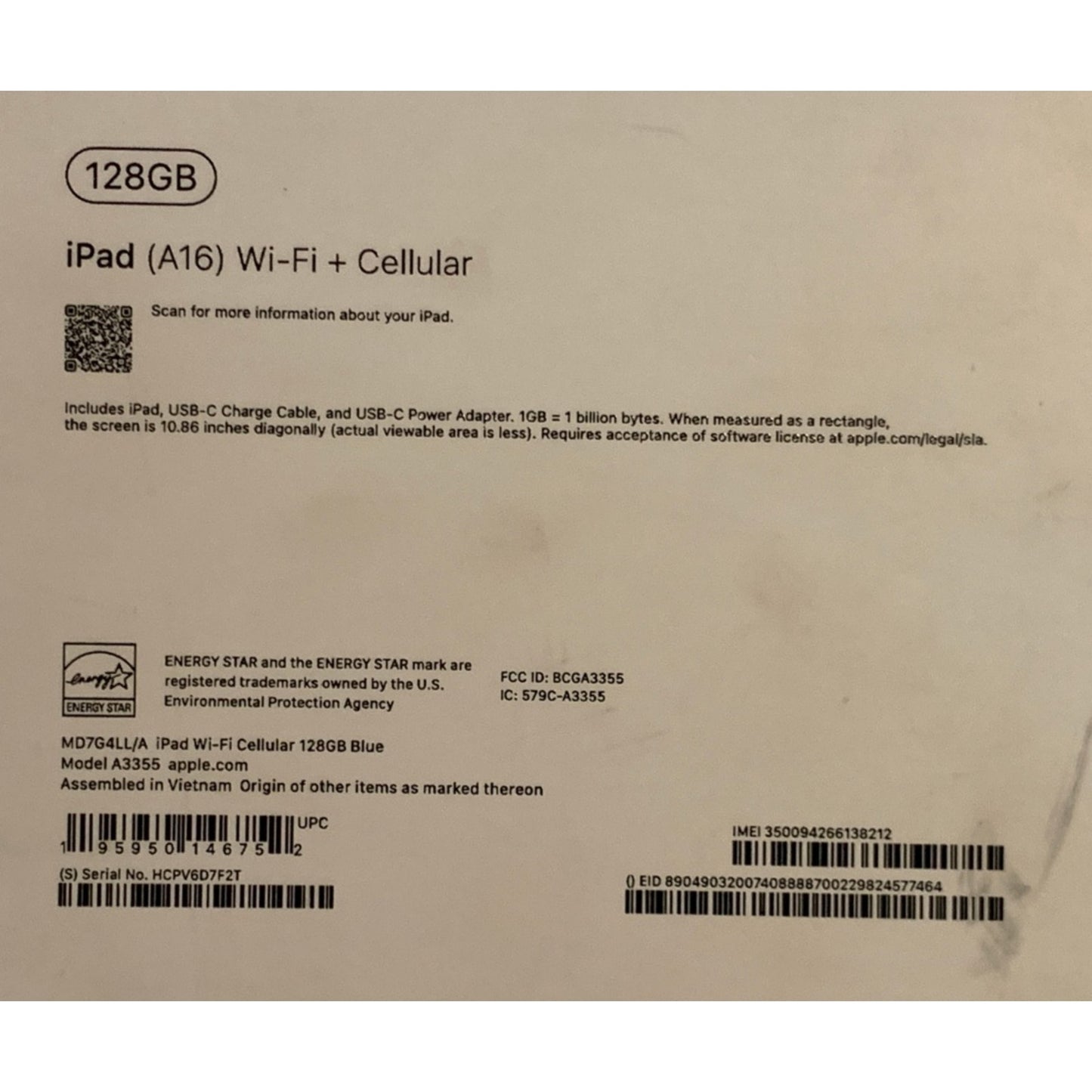 At&t iPad (A16) Wi-Fi +Cellular 128GB Blue A3355