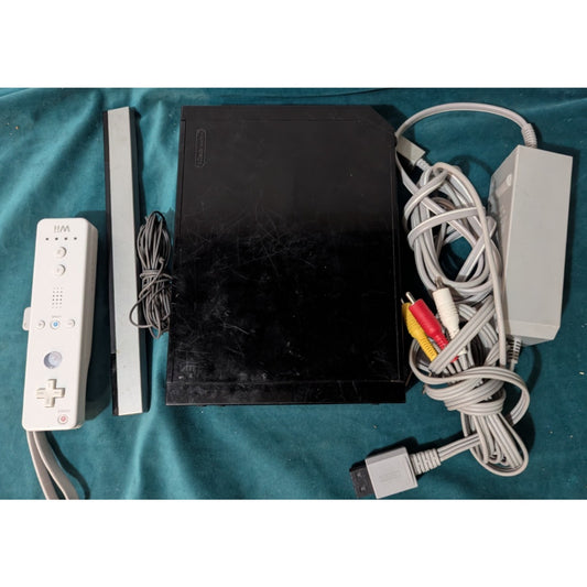 Nintendo Wii Black Video Game Console with Wires and Controller.
