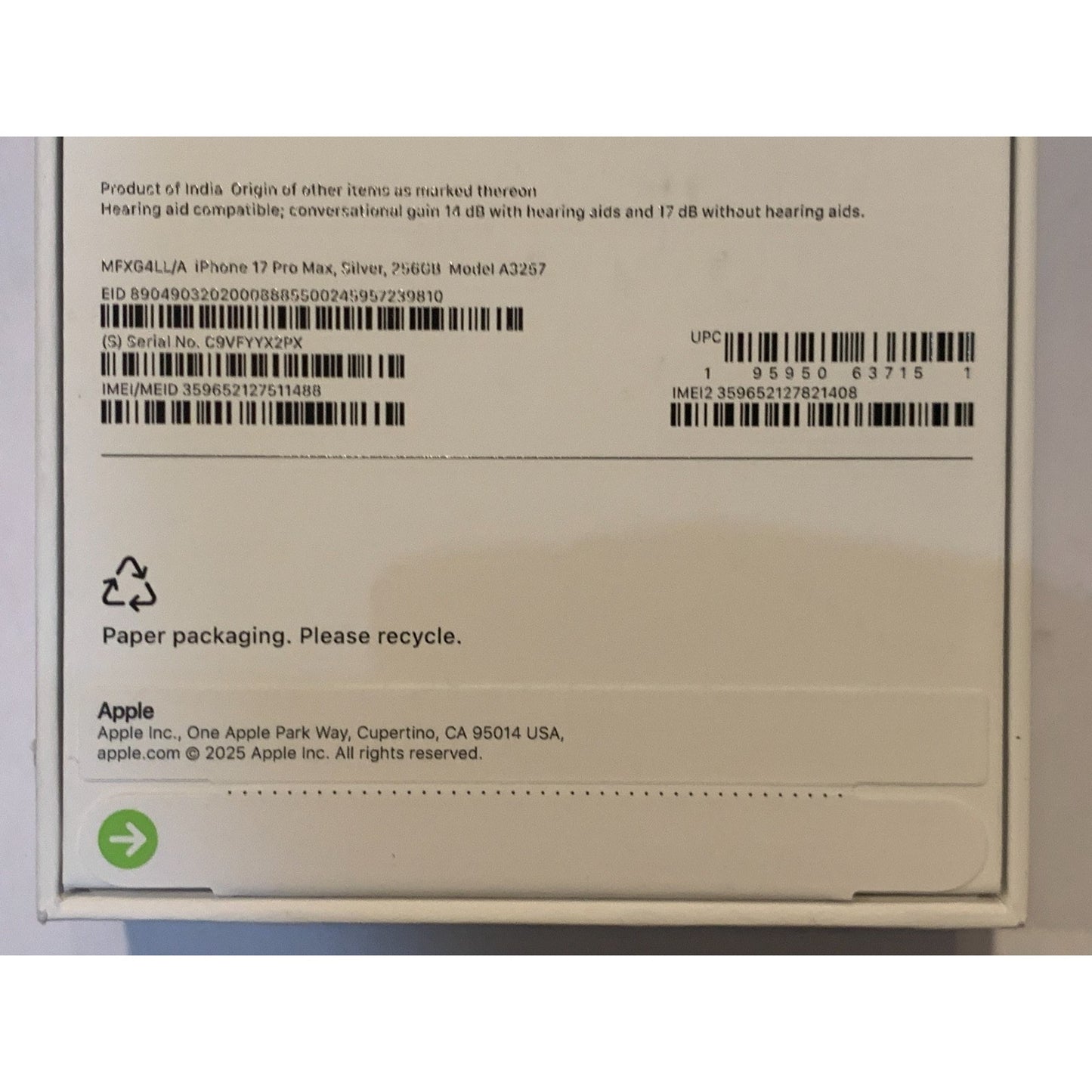 Brand New Apple iPhone 17 Pro Max - 256 GB - Silver - Unlocked - Model A3257
