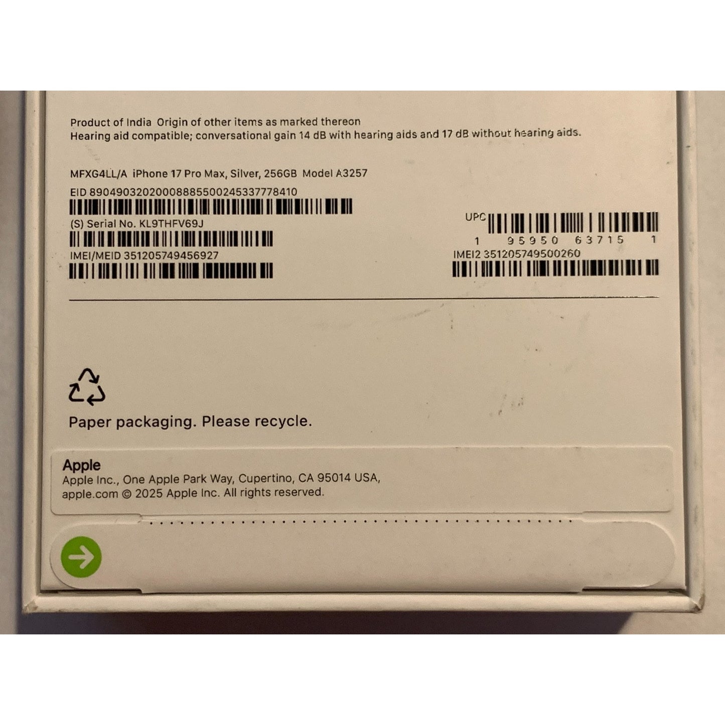 Brand New Apple iPhone 17 Pro Max - 256 GB - Silver - Unlocked - Model A3257