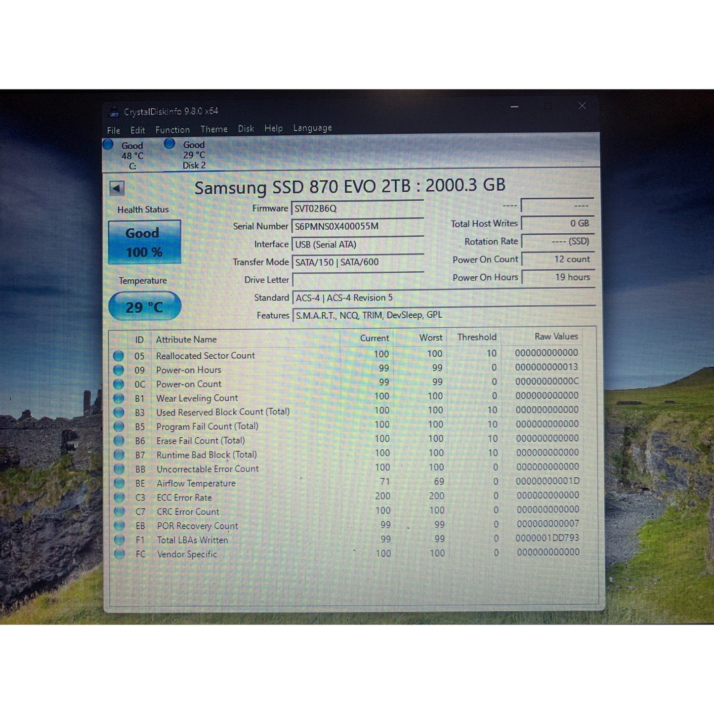Samsung 870 EVO 2TB 2.5" SATA III Internal SSD MZ-77E2T0 99-100% Health