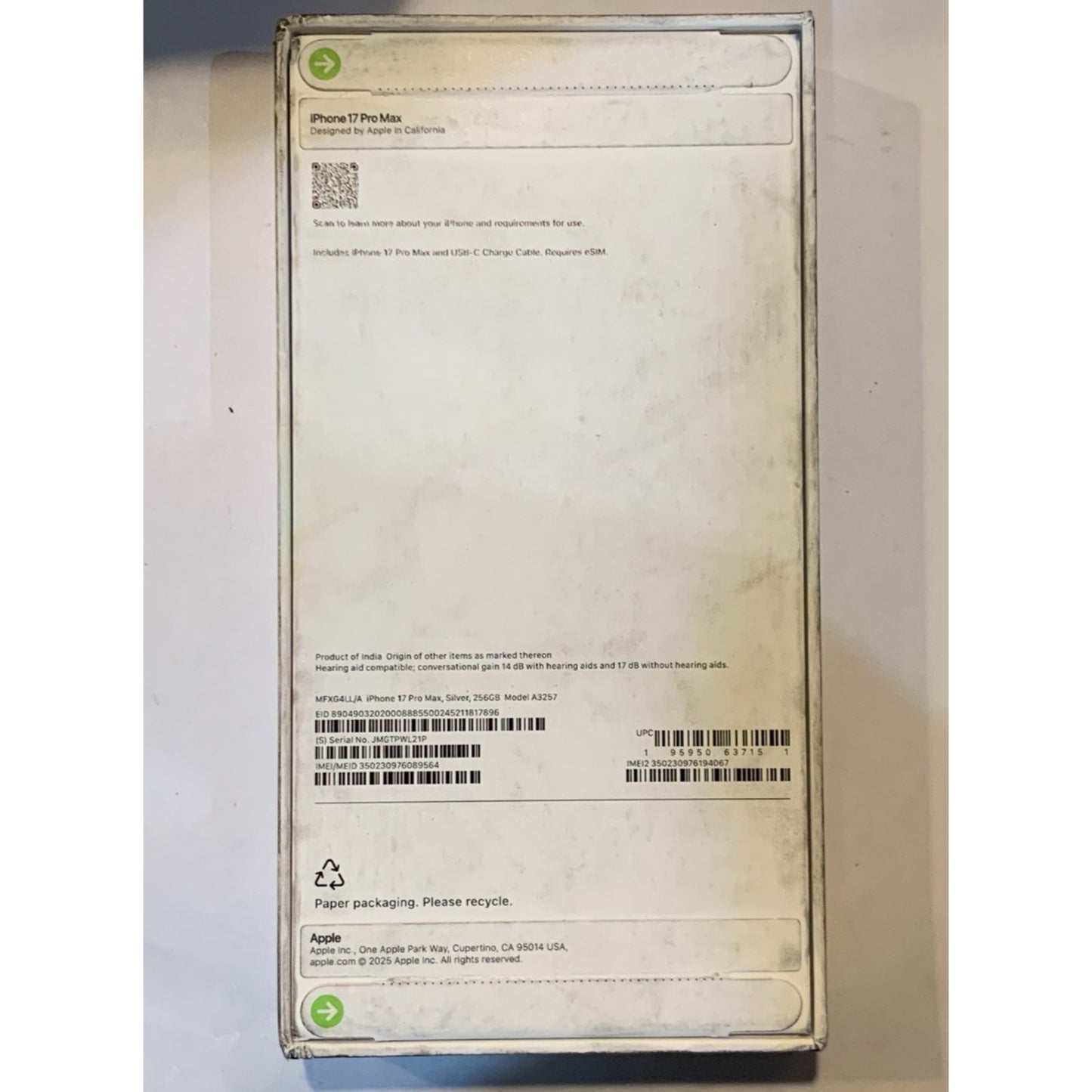 Brand New Apple iPhone 17 Pro Max - 256 GB - Silver - Unlocked - Model A3257