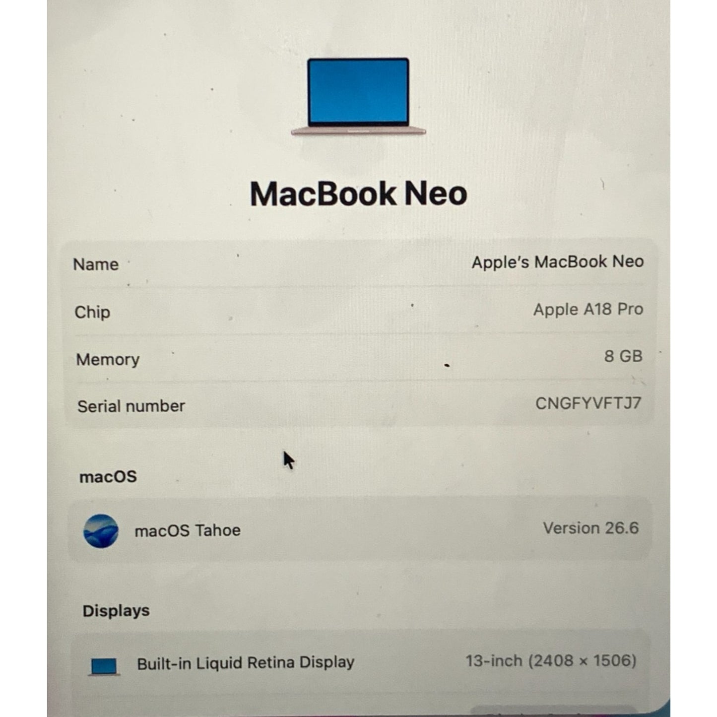 Apple MacBook Neo 13” A18 Pro - 8GB RAM - 256GB SSD - Silver - MHFF4LL/A - A3404