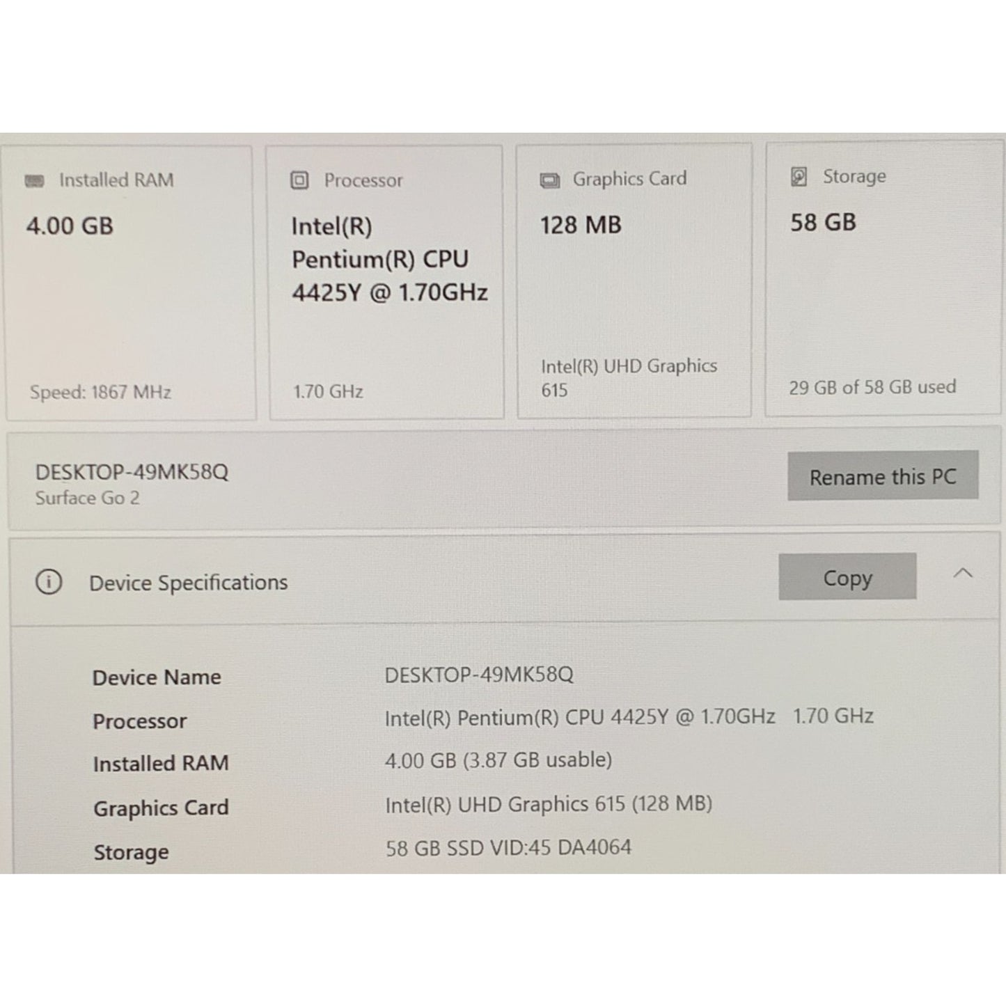 Microsoft Surface Go 2 (10.5", Intel 4425Y @ 1.70, 4GB, 64GB,