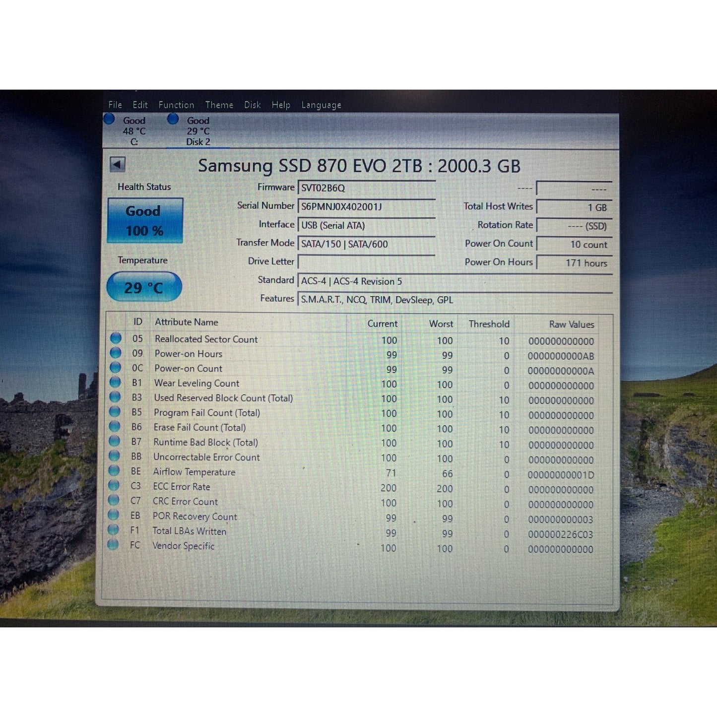 Samsung 870 EVO 2TB 2.5" SATA III Internal SSD MZ-77E2T0 99-100% Health