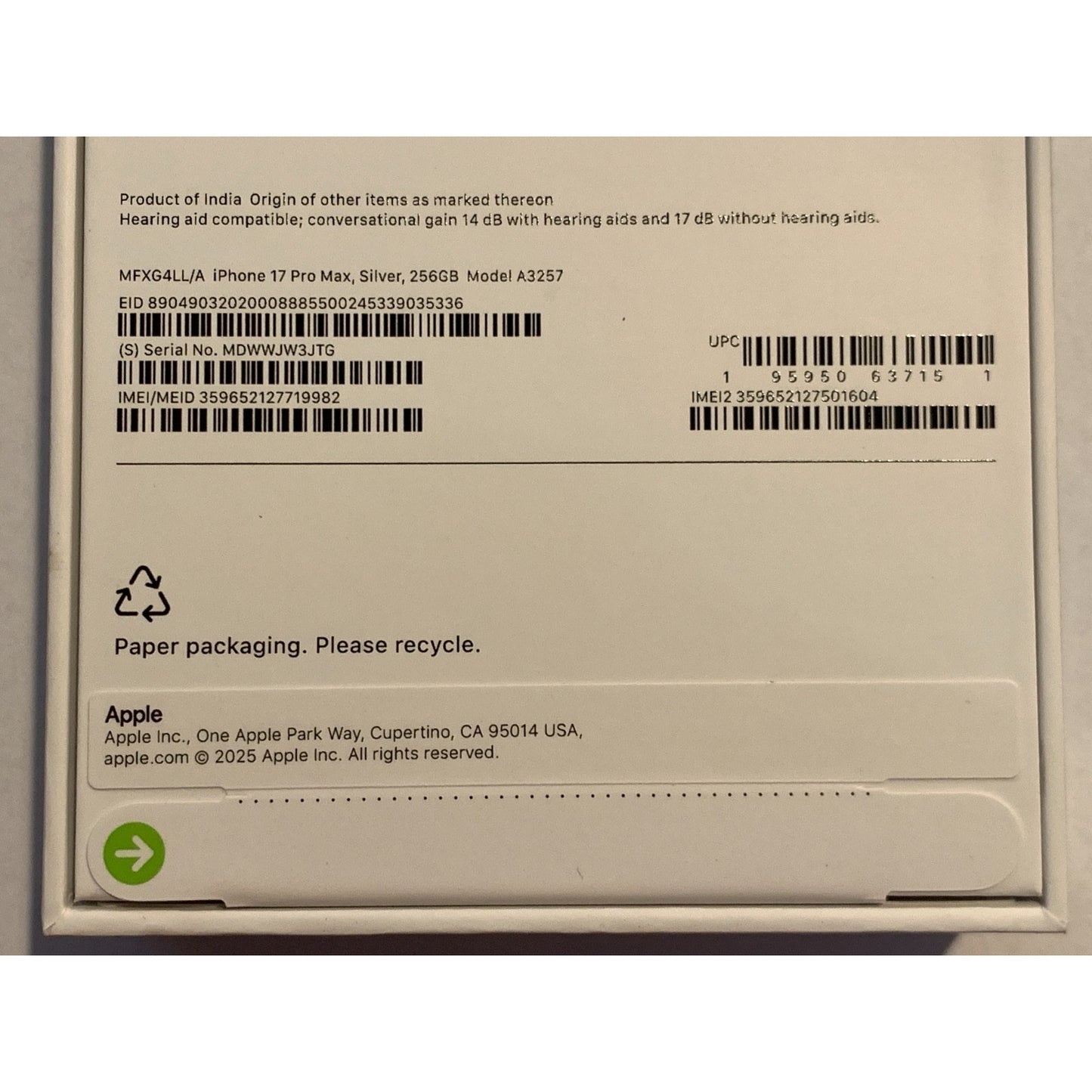 Brand New Apple iPhone 17 Pro Max - 256 GB - Silver - Unlocked - Model A3257