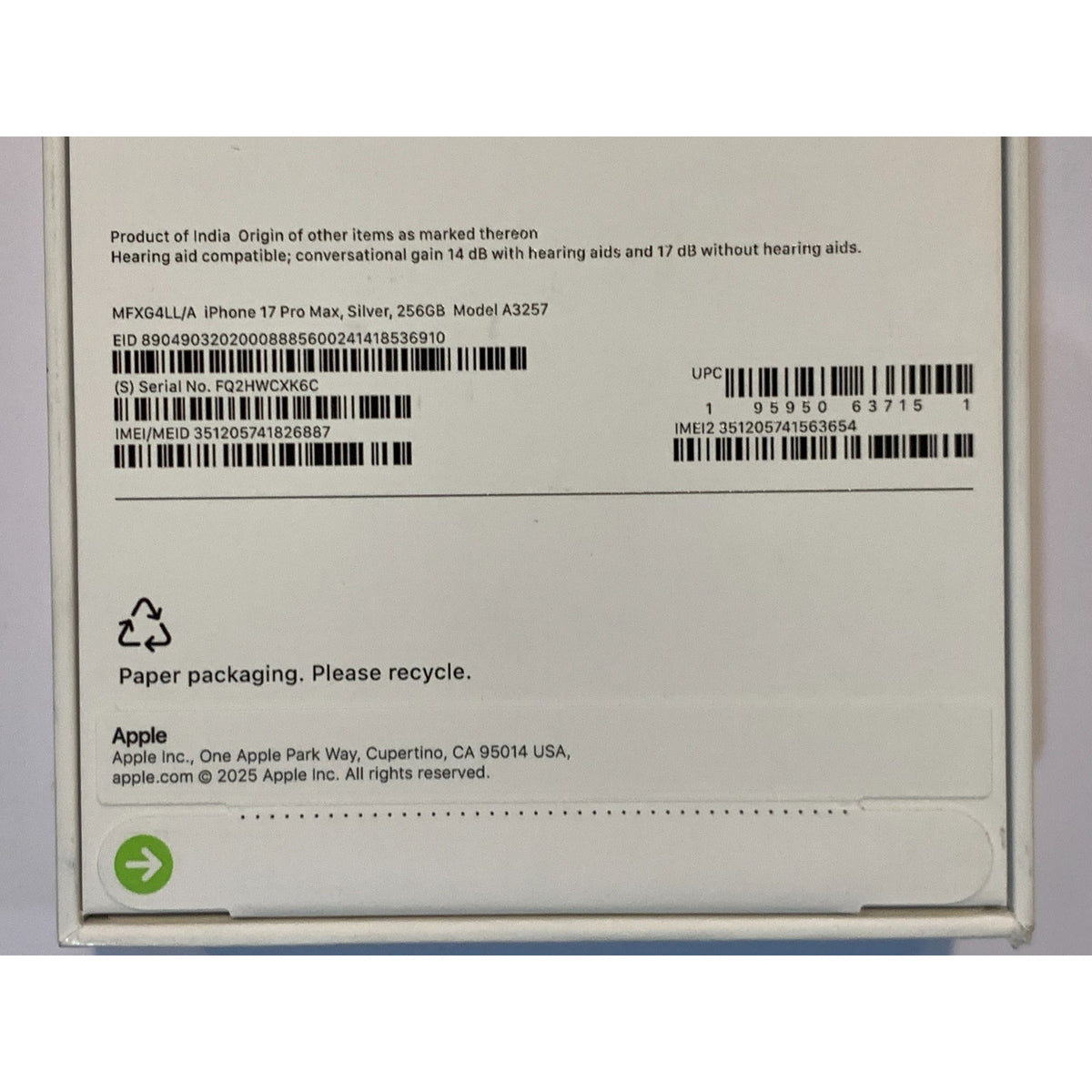 Brand New Apple iPhone 17 Pro Max - 256 GB - Silver - Unlocked - Model A3257