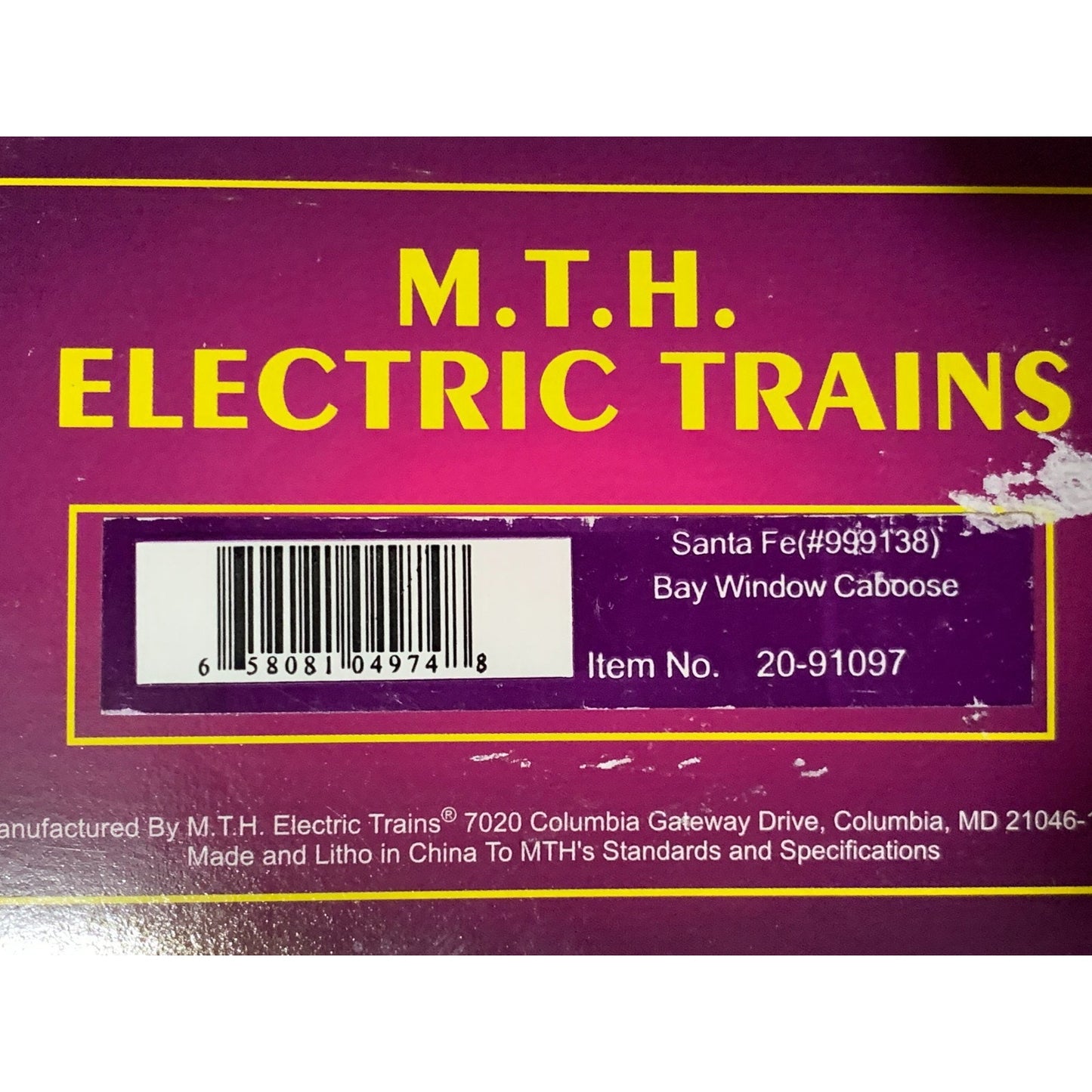 MTH PREMIER #20-91097 SANTA FE (CAR #999138) BAY WINDOW CABOOSE
